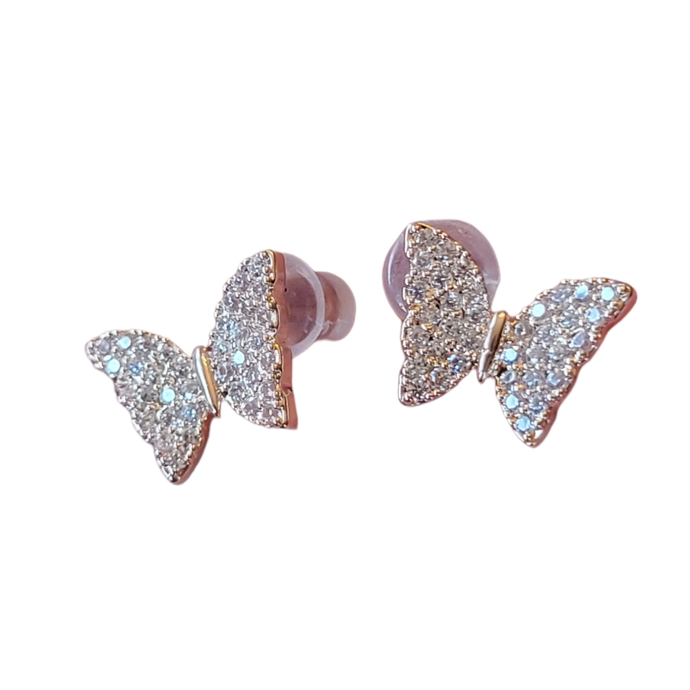 CZ Butterfly Earrings, Rose Gold, Yellow Gold Plated - Picture 2 of 5
